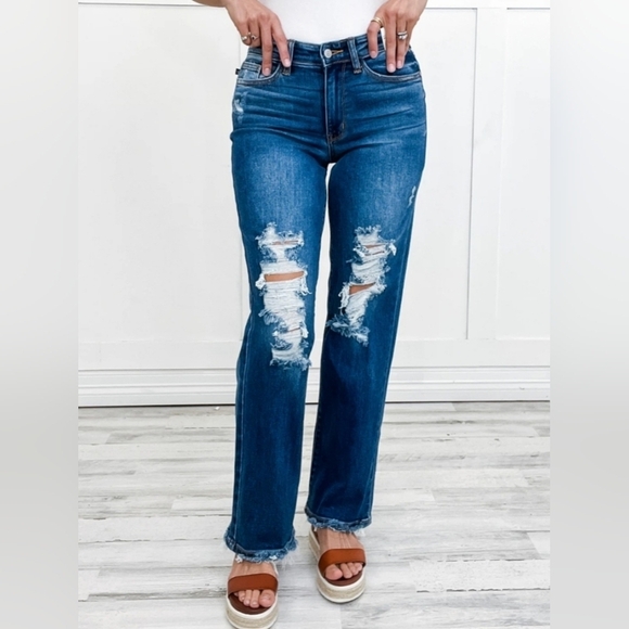 Judy Blue MR Dark Wash Straight Fit Dad Jeans Stretch Distressed 7/28 9/29 NEW - Picture 7 of 16